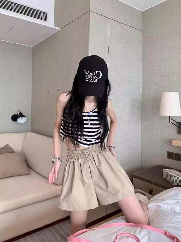 Women's Summer Washed Cotton Wide-Leg High Waist Shorts, Korean Style, Slimming, Solid Color, Versatile, Casual.