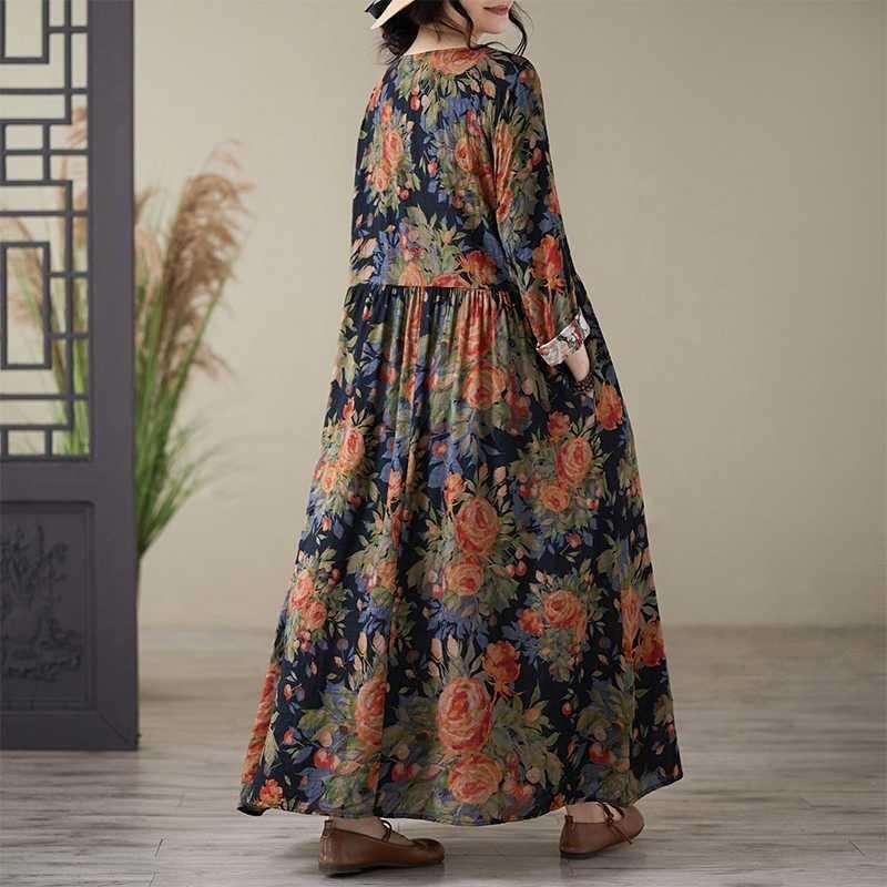 Printed Round Neck Loose Plus Size Long Sleeve Dresses for Women