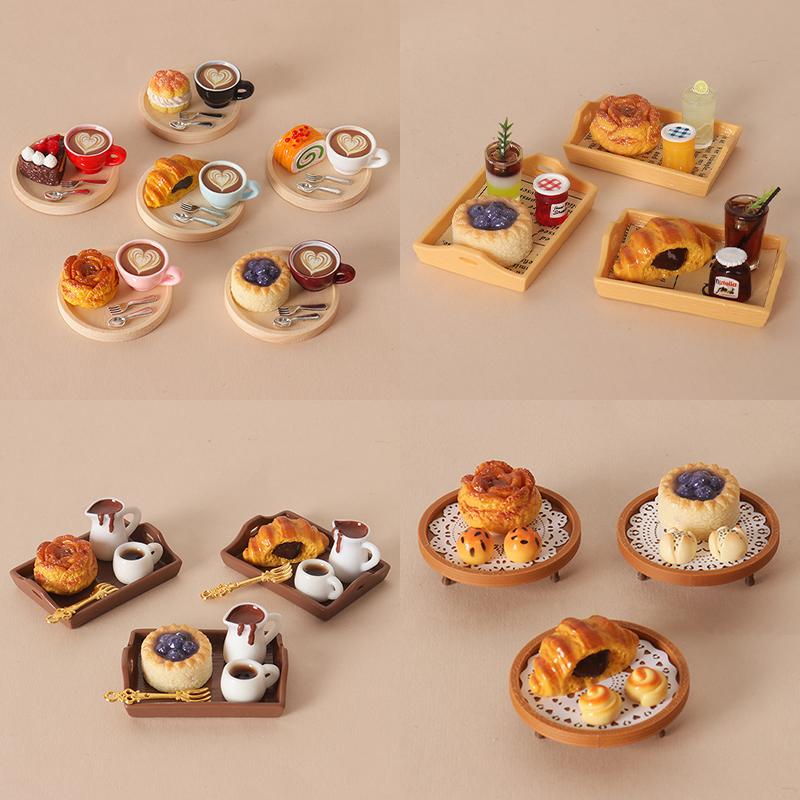 Realistic Dollhouse Miniature Coffee & Pastry Set Food Tray Accessory for Doll House Diorama Art Decor Collection Gift