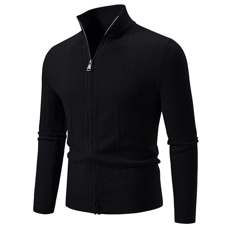 Mens Stand Collar Thickened Jacquard Zip Up Cardigan Knit Sweater