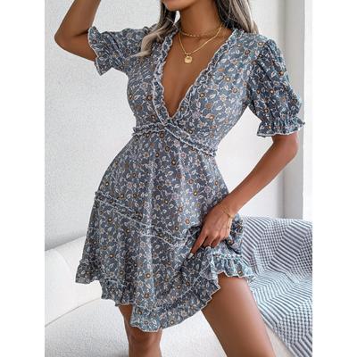 Ins Style Sexy V-neck Floral Dress with Big Swing for Women