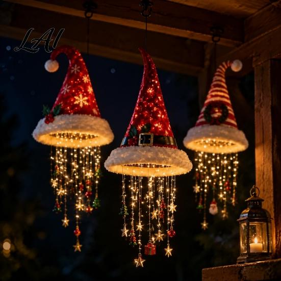 Warm LED String Lights Christmas Hat Hanging Lantern Glowing Santa Cap Decorative Light with Durable Fabric Holiday Decor And Pendants Pendant