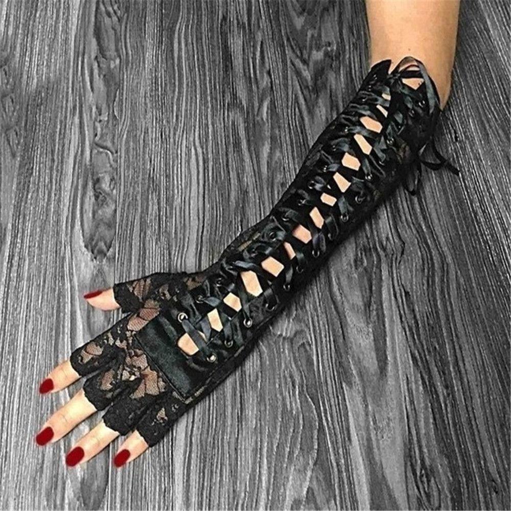 1 Pair Night Club Fingerless Long Party Cosplay Lace Gloves Gothic Gloves Punk Mittens Silk Ribbon