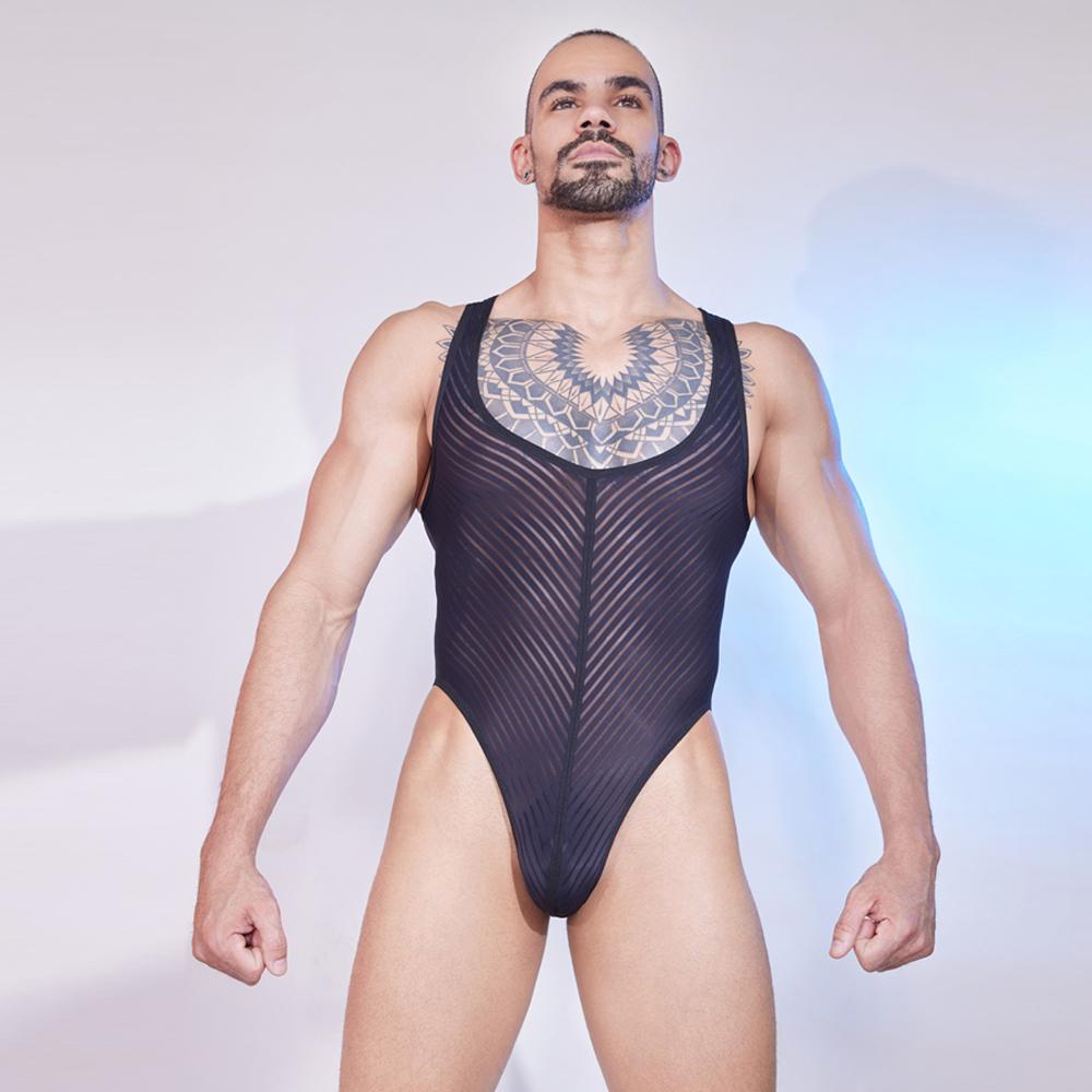 Sexy Men Stripe Patchwork Tank Top Oil Glossy Shiny Vest Sheer See Through Thong Maid Tights Elastic Shaper Bodysuit