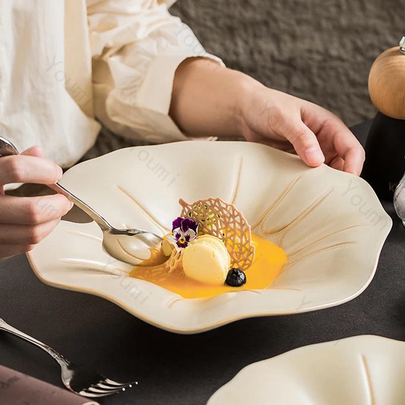 High End Restaurant Ceramic Plates Fashionable Light Luxury Soup Plate Exquisite Irregular Afternoon Tea  Dessert Salad Plate