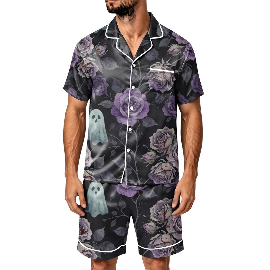 Herren Halloween Pyjama Set - Gestreiftes Karomuster aus Satin, Kurzarmhemd und Shorts mit Taschen, Lockeres Zweiteiler Set für Zuhause und Tägliche Kleidung