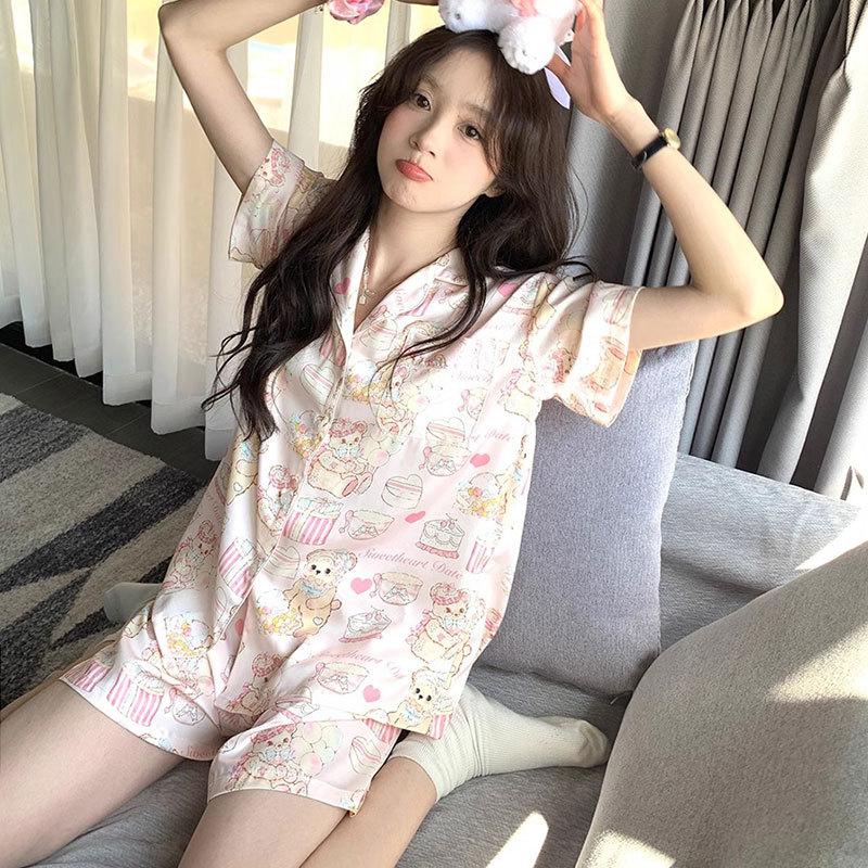 Pajamas Women's Summer Short-sleeved Shorts Cardigan Sweet and Cute Casual Girl Cotton Korean Version Women's Loungewear Suit