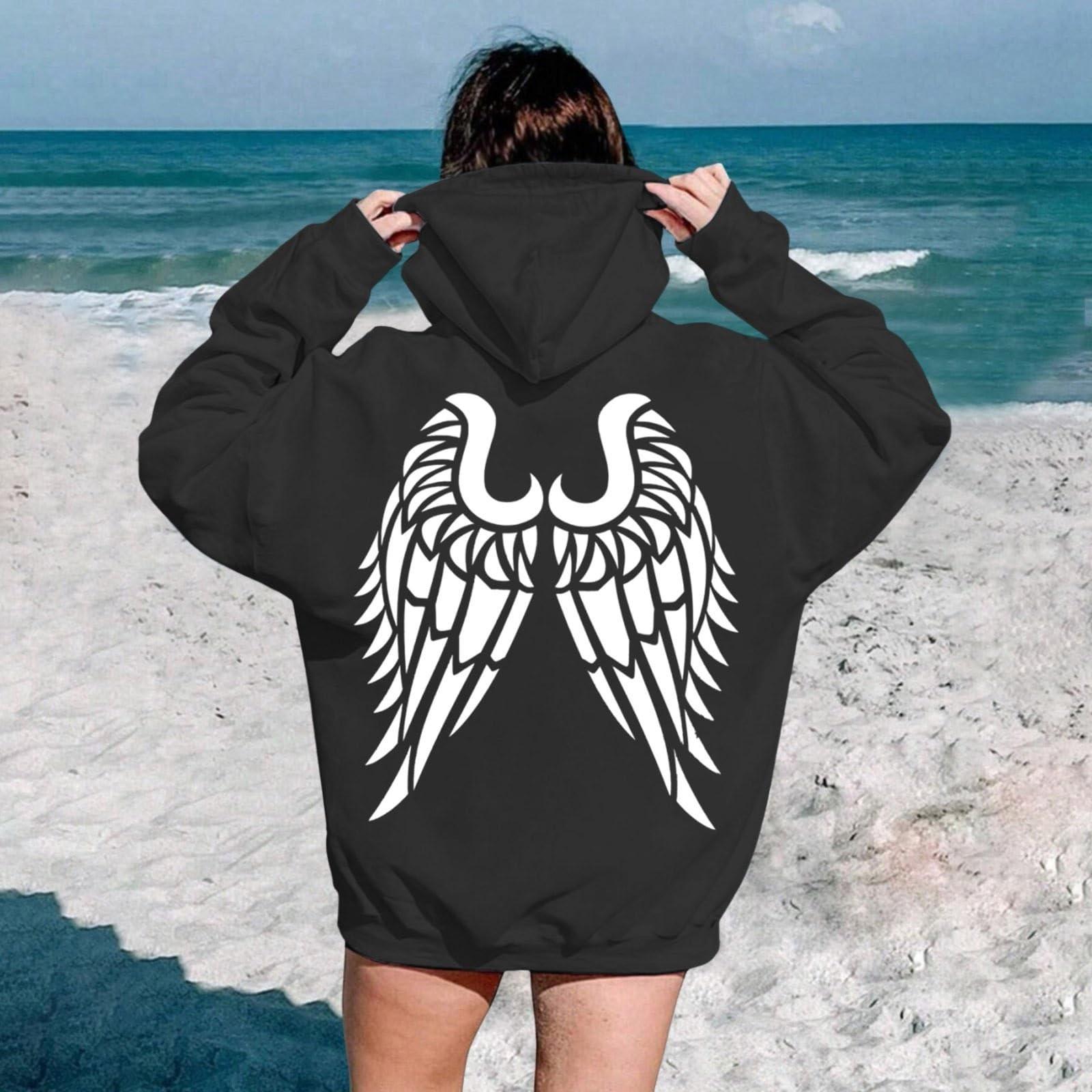 

Женская мода легкий длинный рукав пуловер толстовки с капюшоном с карманами графическая толстовка L чёрный