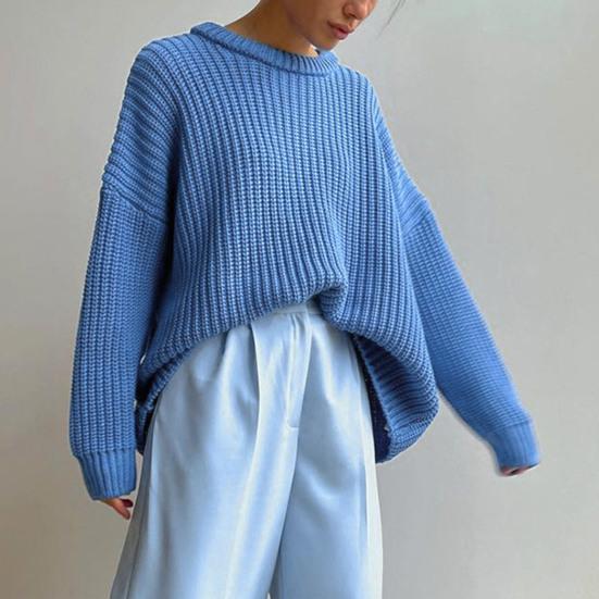 Women Pullover Sweater Round Neck Long Sleeve Elastic Fabric Knitting Tops Solid Color Loose Fit Sweater Tops
