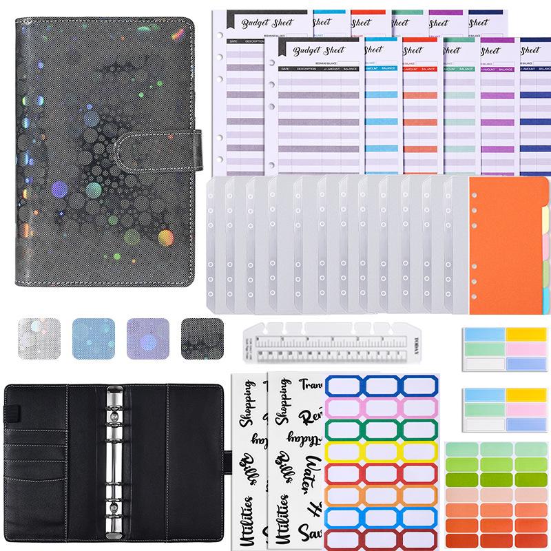2023 A6 Spiral Loose-Leaf Pu Leather Budget Binder Notebook Planner with Cash Zipper Envelopes for Budgeting