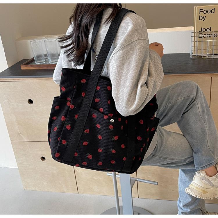 Strawberries Corduroy Handbag Sweet Women's Bag Fashionable Versatile Shoulder Bag Beautiful Simple Commuter Women's Tote Shopping Bags