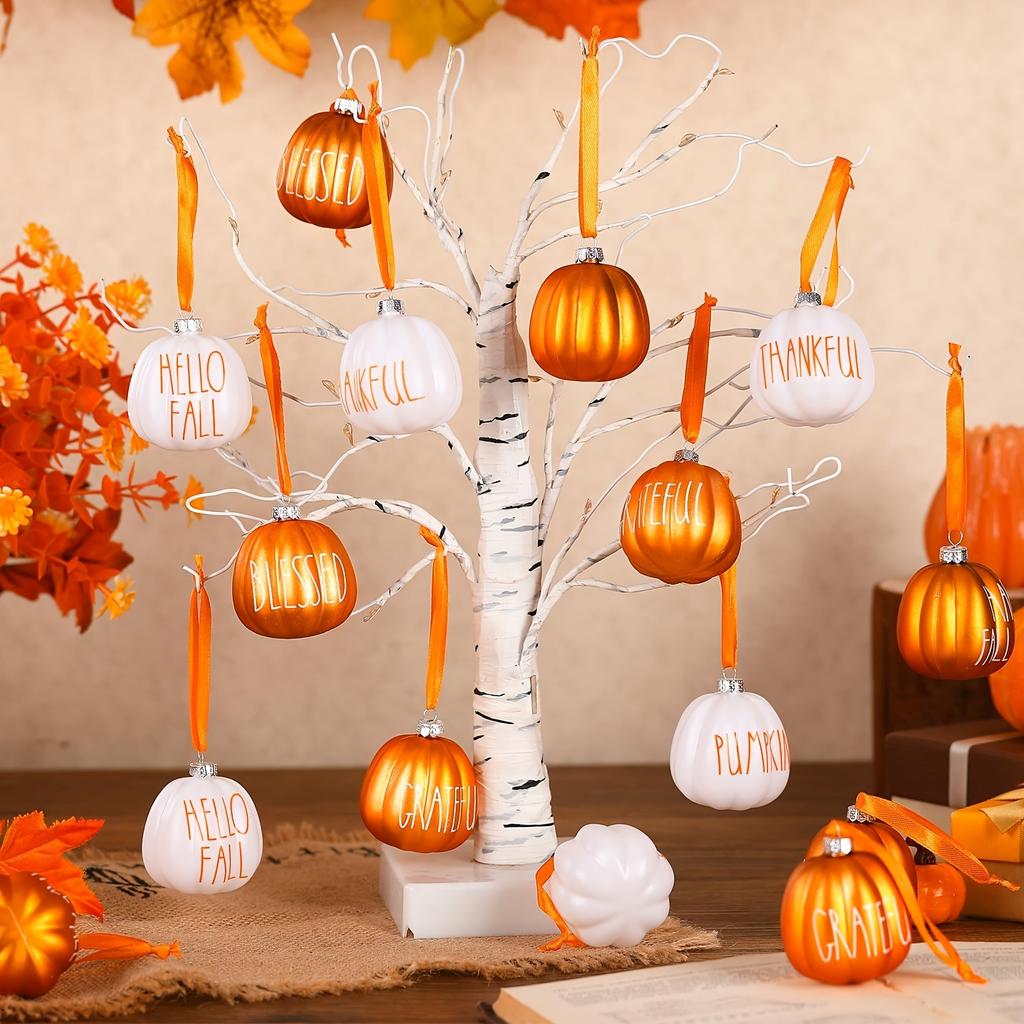 12Pcs Halloween Thanksgiving Christmas Pumpkin Ball Hanging Ornaments Farmhouse Fall Tree Decoration Home Party Decor