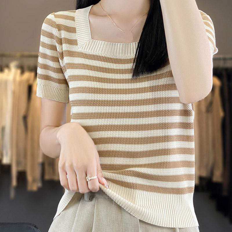 Women Sweaters Pullovers 2025 Summer Short Sleeve Square Collar Striped Black Knitted Sweater Women Tops Pullover JJ254