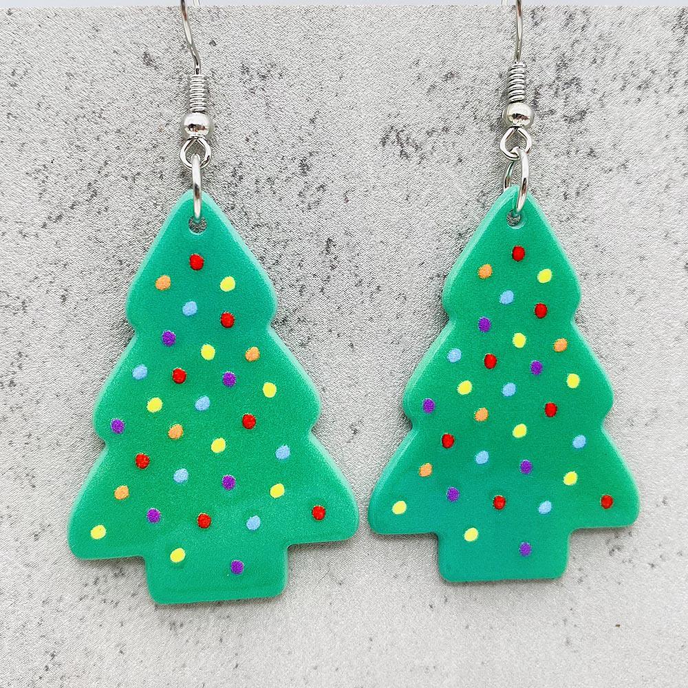 Snowflake Polka Dot Cookie Print Christmas Tree Acrylic Earrings