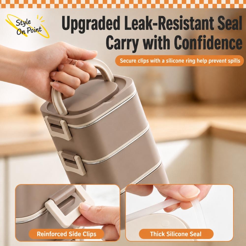 Portable Stackable Lunch Box With 304 Stainless Steel Inner Containers, Side Buckles And Carry Handle For School Office Travel Meals