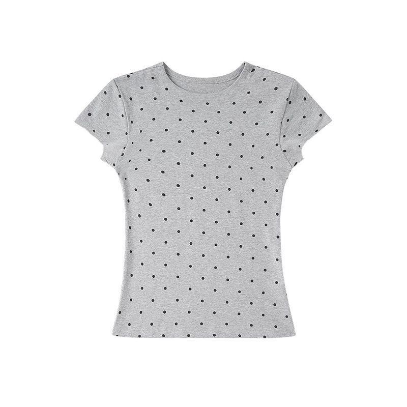 Women Polka Dot Short Sleeve T-Shirt 2026 Summer New Korean Style Crew Neck Slim Fitted Casual Short Top Tees