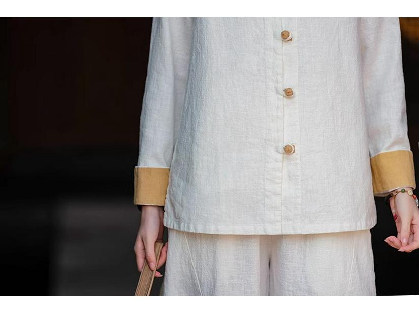 Young Women's Cotton-Linen Zen-Inspired Frog Button Cardigan for Eight Brocades Exercise