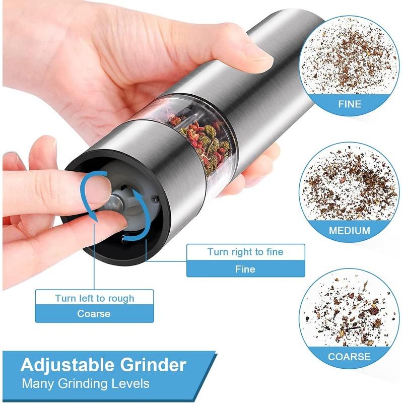 2pcs Electric Salt and Pepper Grinder Set, Automatic One Handed, Stainless Steel Grinders with Lights and Adjustable Coarseness