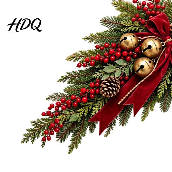 Indoor Outdoor Holiday Decor Christmas Teardrop Swag with Red Bow And Bells Vintage Artificial Norfolk Pine Hanging Realistic Branch Decoration
