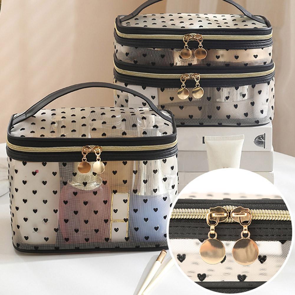 Double-Layers Black Mesh Cosmetic Bag Travel Portable Large-Capacity Makeup Case Organizer Storage Pouch Zipper Toiletry Bags