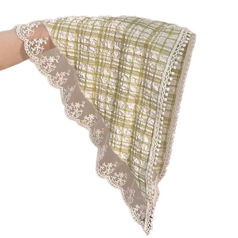 2025 Pastoral Style Lace Triangle Scarf & Plaid Ribbon Hairband