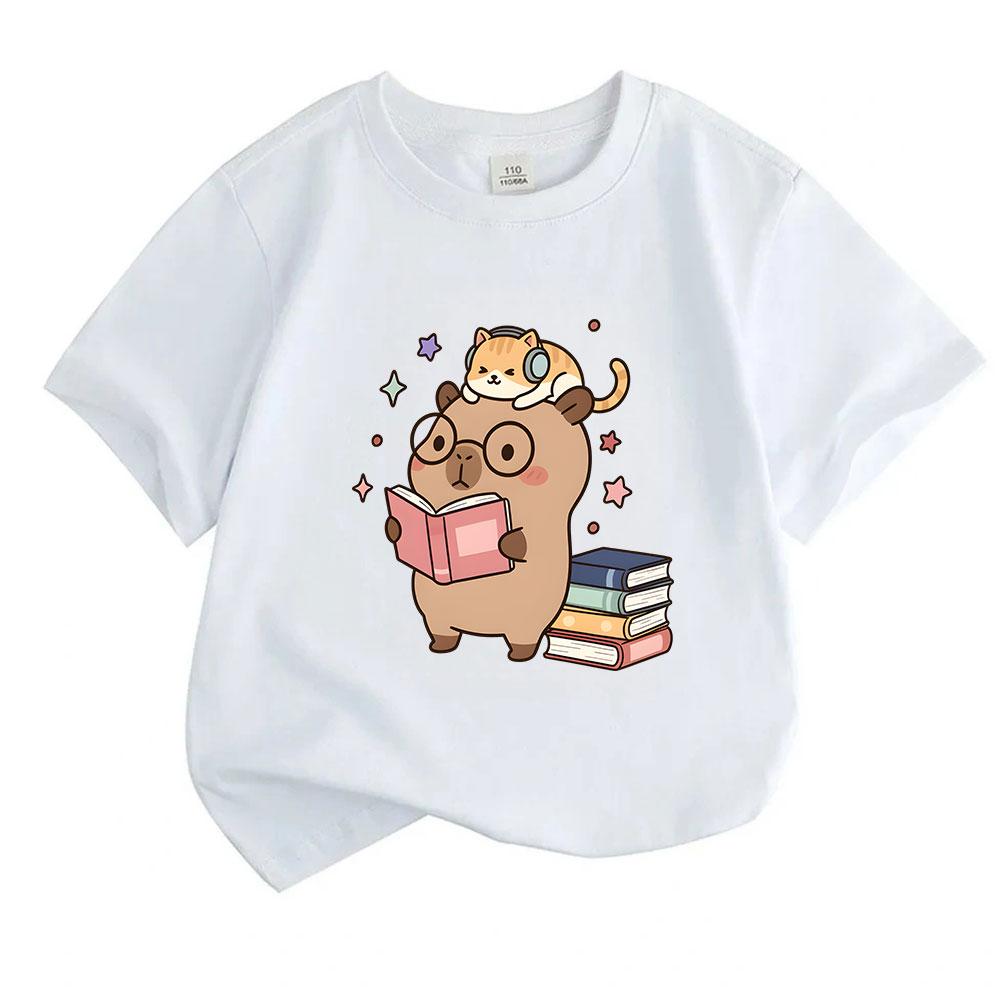 Kids Boys Girls 100% Cotton Crew Neck Short Sleeve T-Shirt, Cute Capybara Reading Book Cat With Headphones Print Casual Comfy Tee For Daily School Pla