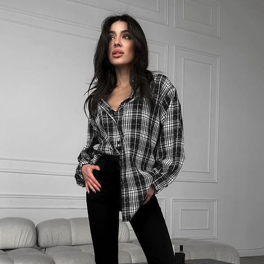 Mode hete diamant los geruit shirt dames oversized retro zwart-wit geruit shirt lente straatstijl dameskleding