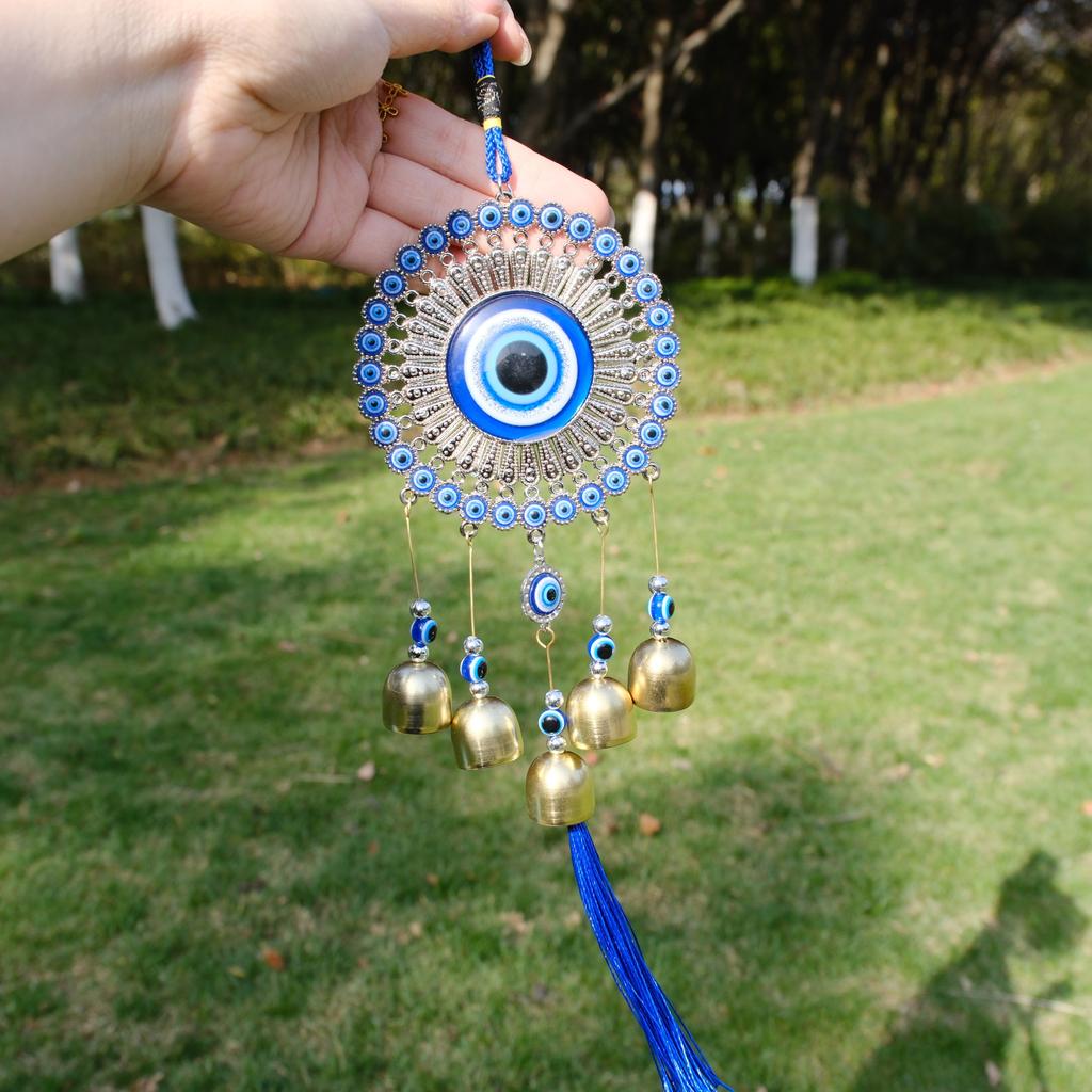 D5 Sunflower Evil Eye Wind Chimes Lucky Turkish Blue Eye Bead Tassel Wind Bell Wall Hanging Decor Amulet Protection Car Pendant