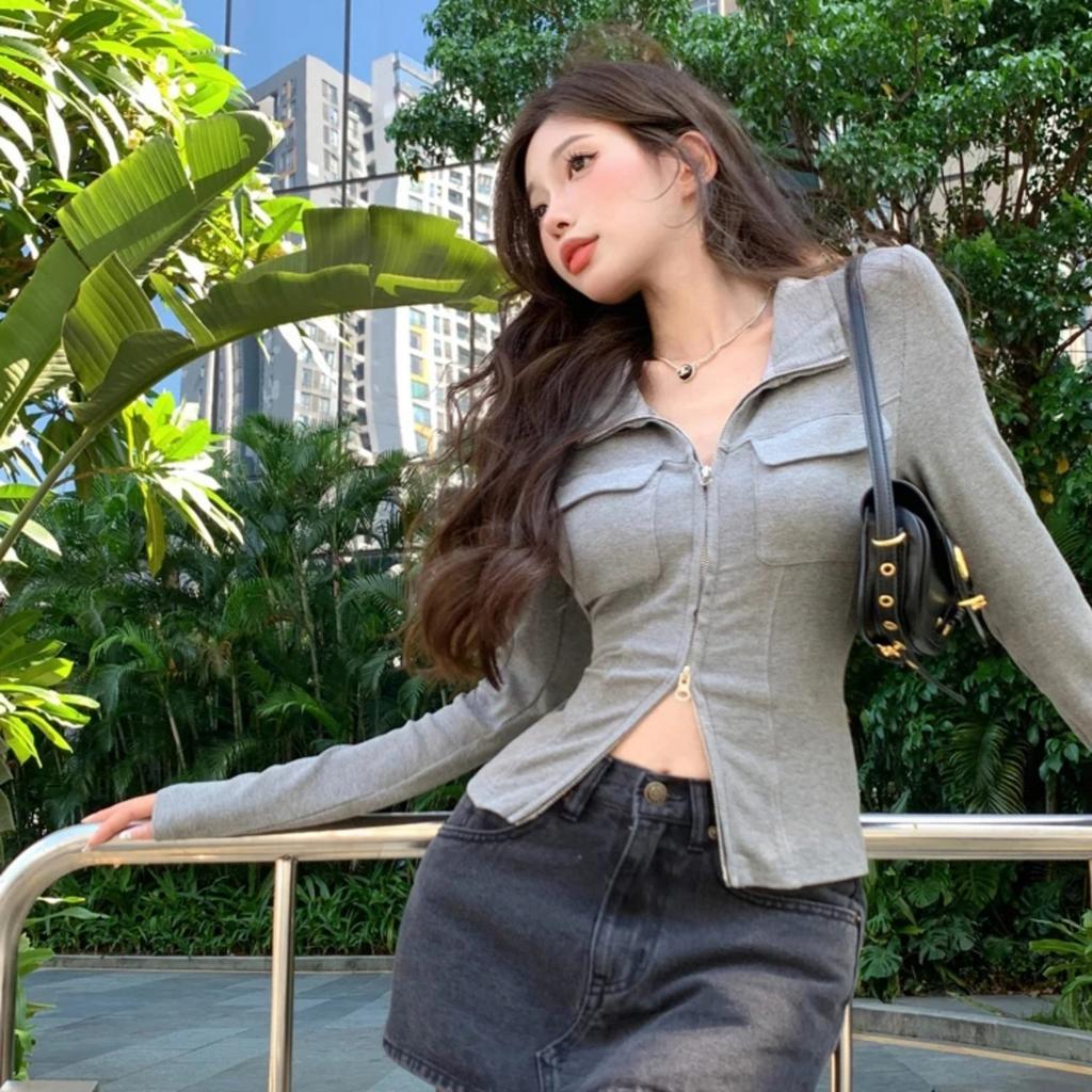 Women T-shirt Spring Autumn Clothes Ribbed Knitted Long Sleeve Short Tops Zipper Design Tee Sexy Female Slim Tops