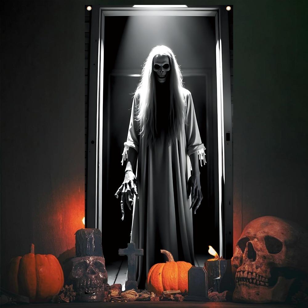 Halloween Horror Door Banner Long Haired Skeleton Ghost Haunted House Entrance Decor Spooky Theme Party Courtyard Ornament