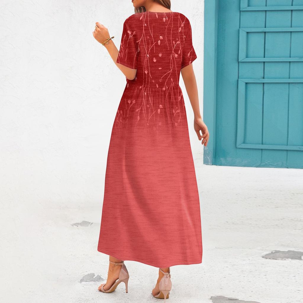 Women's Summer Casual Fashion Printed Short Sleeve Round Neck Pocket Dress