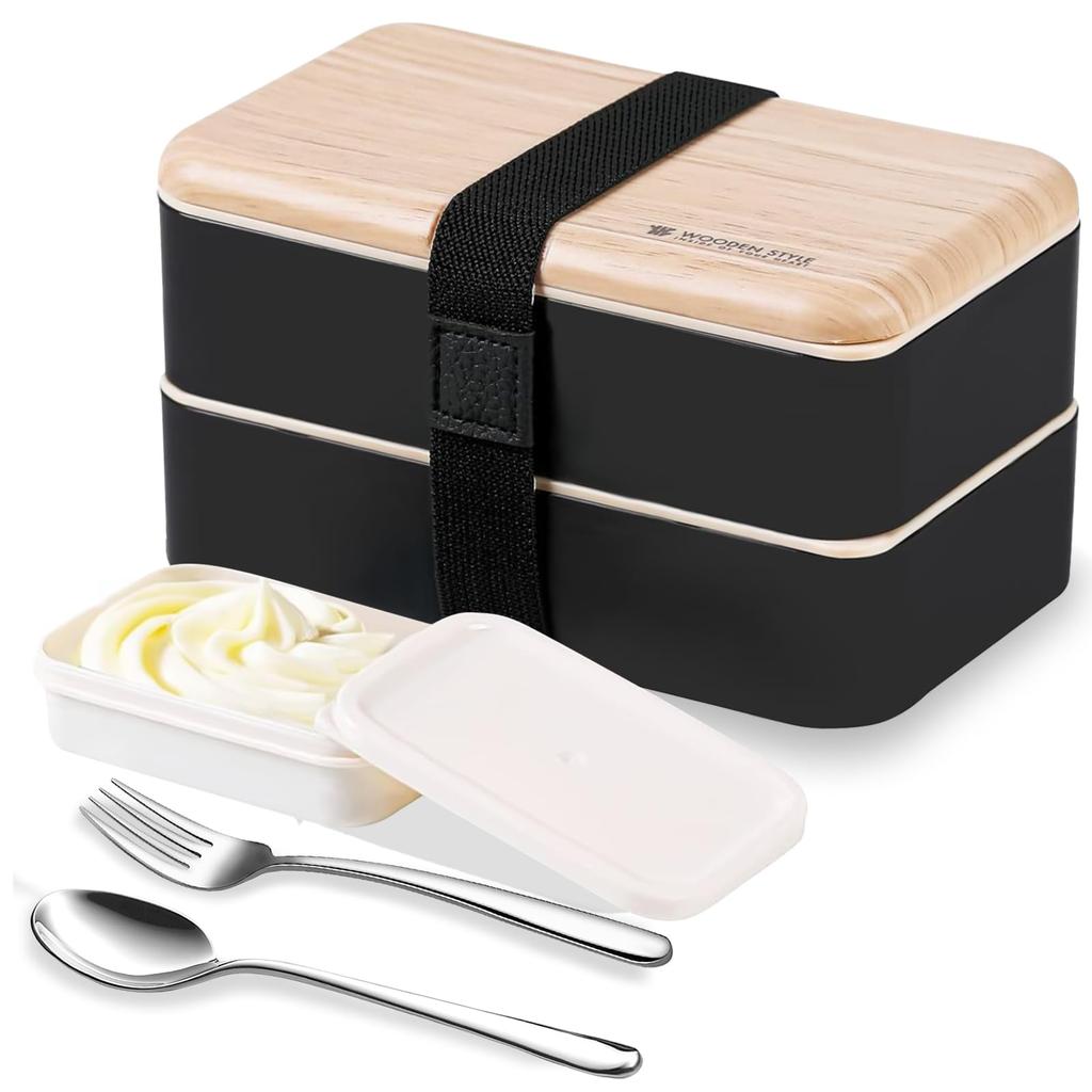 Original Bento Lunch Box Japanese Style 2 Layer Food Container with Utensils Spoon and Fork Bundle Dividers Salad Box Unisex (Black)