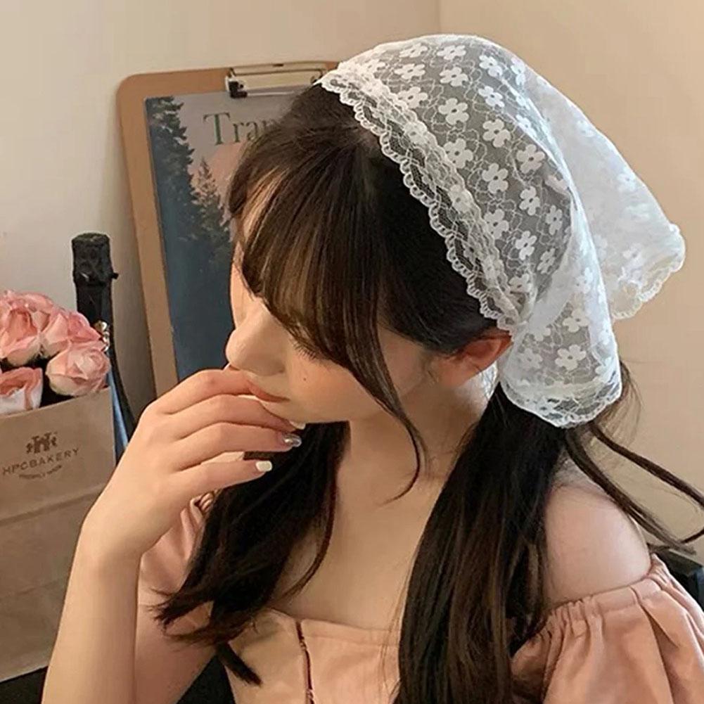 French Floral Lace Triangle Headscarf Romantic Summer White Lace Hair Scarf Wrap Hair Ribbons Travel Photo Headband Bandanas