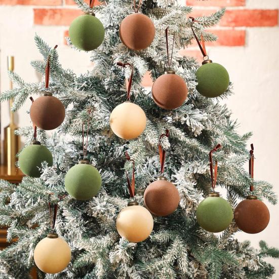 15 Pcs Velvet Christmas Ball Ornaments 3.15 Inch Flocked Plastic Ball Xmas Tree Hanging Decoration for Holiday Party Decor