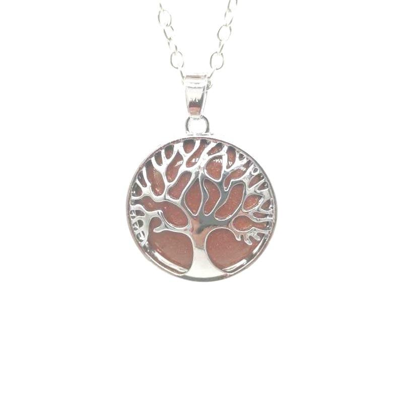 Multi-Color Hollow Natural Stone Pendant Item Round Alloy Tree Of Life Necklace Elegant And Fashionable