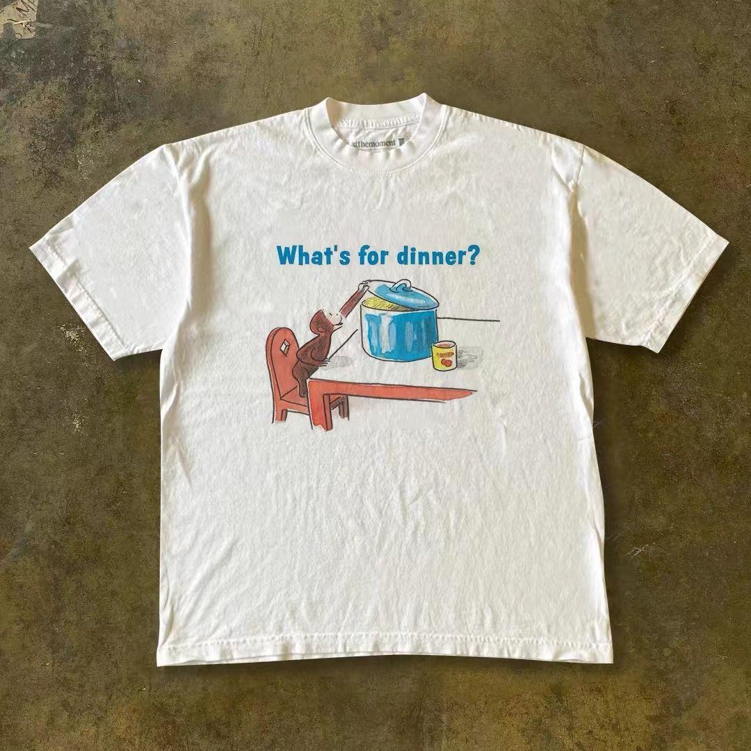 

100% Pure Cotton Short-sleeved American Vintage Style Vingate White Top Couple s Personalized Cartoon Short-sleeved on Ins 4XL