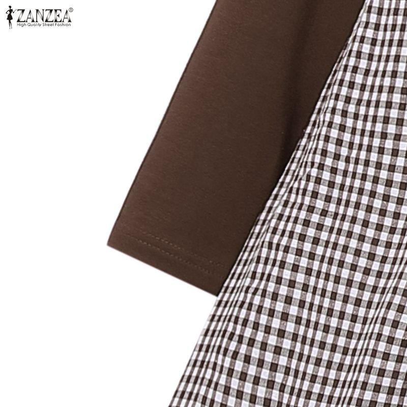 ZANZEA Women Casual Round Neck Long Sleeve Muslim Plaid Long Dress