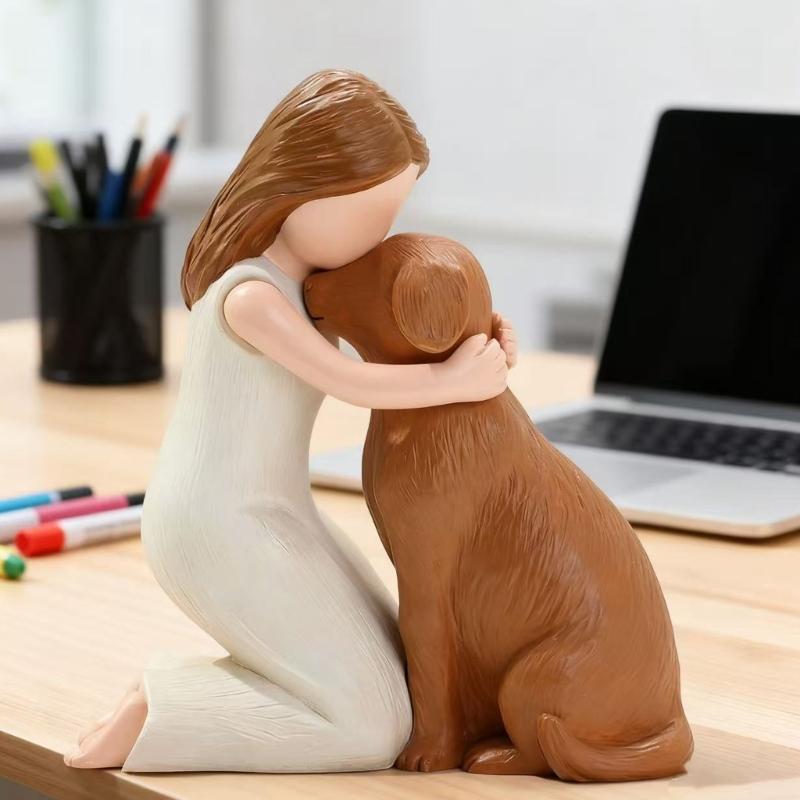 Girl Embracing Dog Sculpture Resin Miniature Statue Loss of Pet Sympathy Gift for Living Room Bedroom Display Ornament