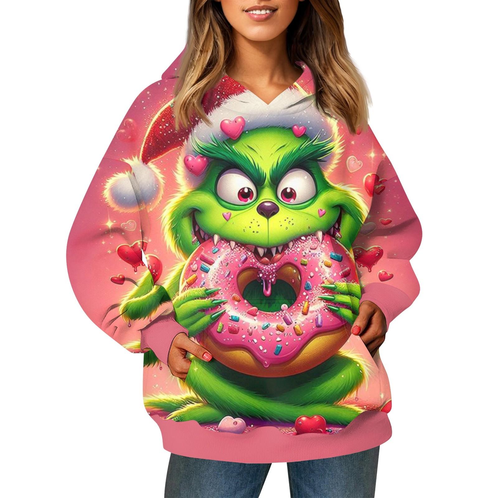 

Женский модный свитер с длинными рукавами и рождественским принтом, с капюшоном и карманом XL арбуз красный