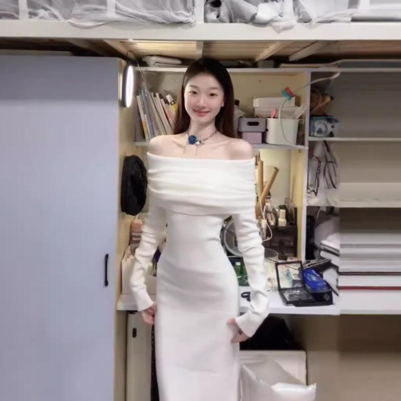 White long-sleeved one-word shoulder knitted dress for women's autumn and winter new high-end slim-fitting and thin temperament long dress