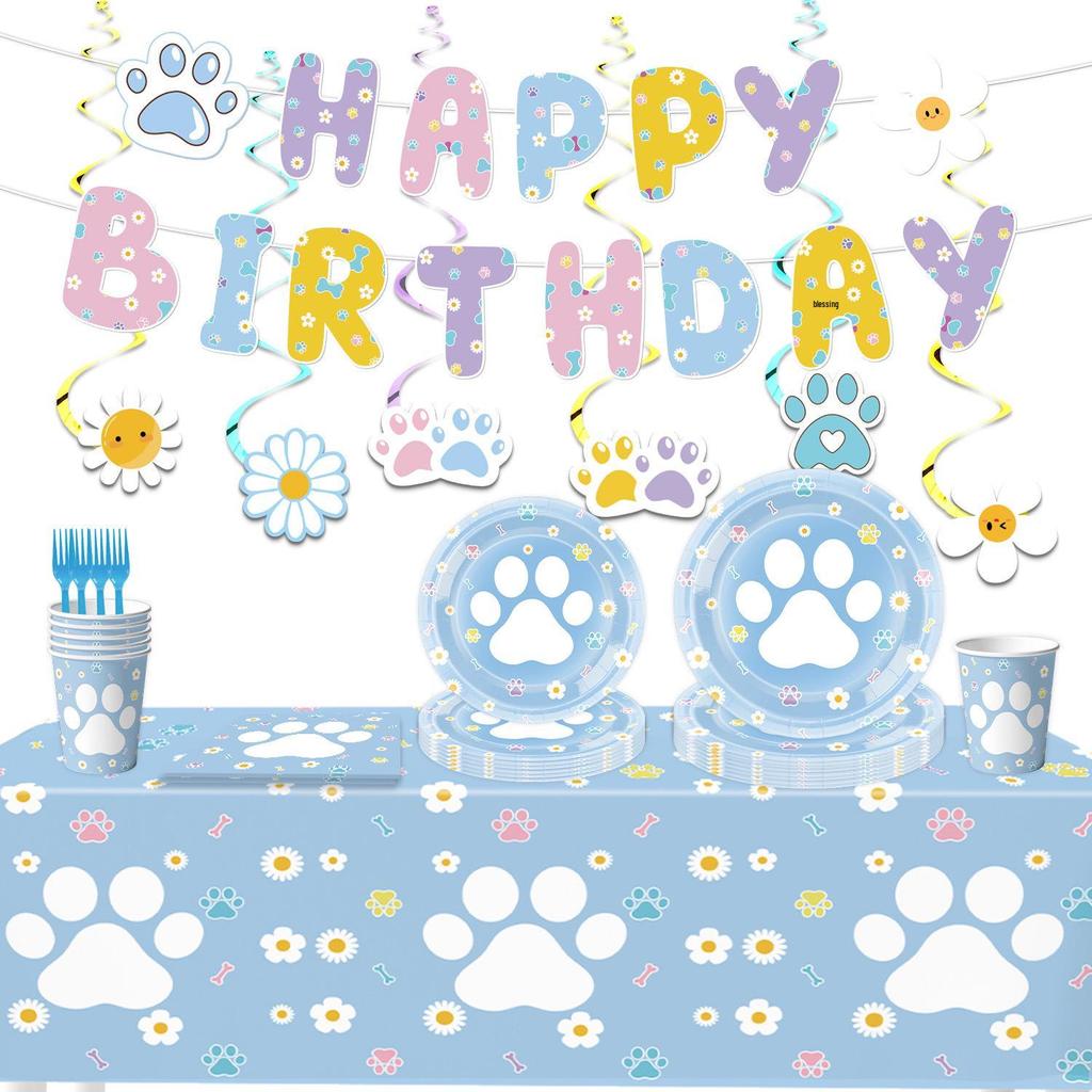 Blue and Pink Dog Paw Birthday Party Disposable Tableware Set