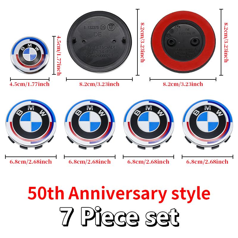 DJSA5 Hood Trunk Wheel Steering Badge 7Pcs Emblem Set For BMW E46 E90 F10 F30 G20 X5 82mm 74mm 68mm 56mm 45mm 50th Anniversary Car