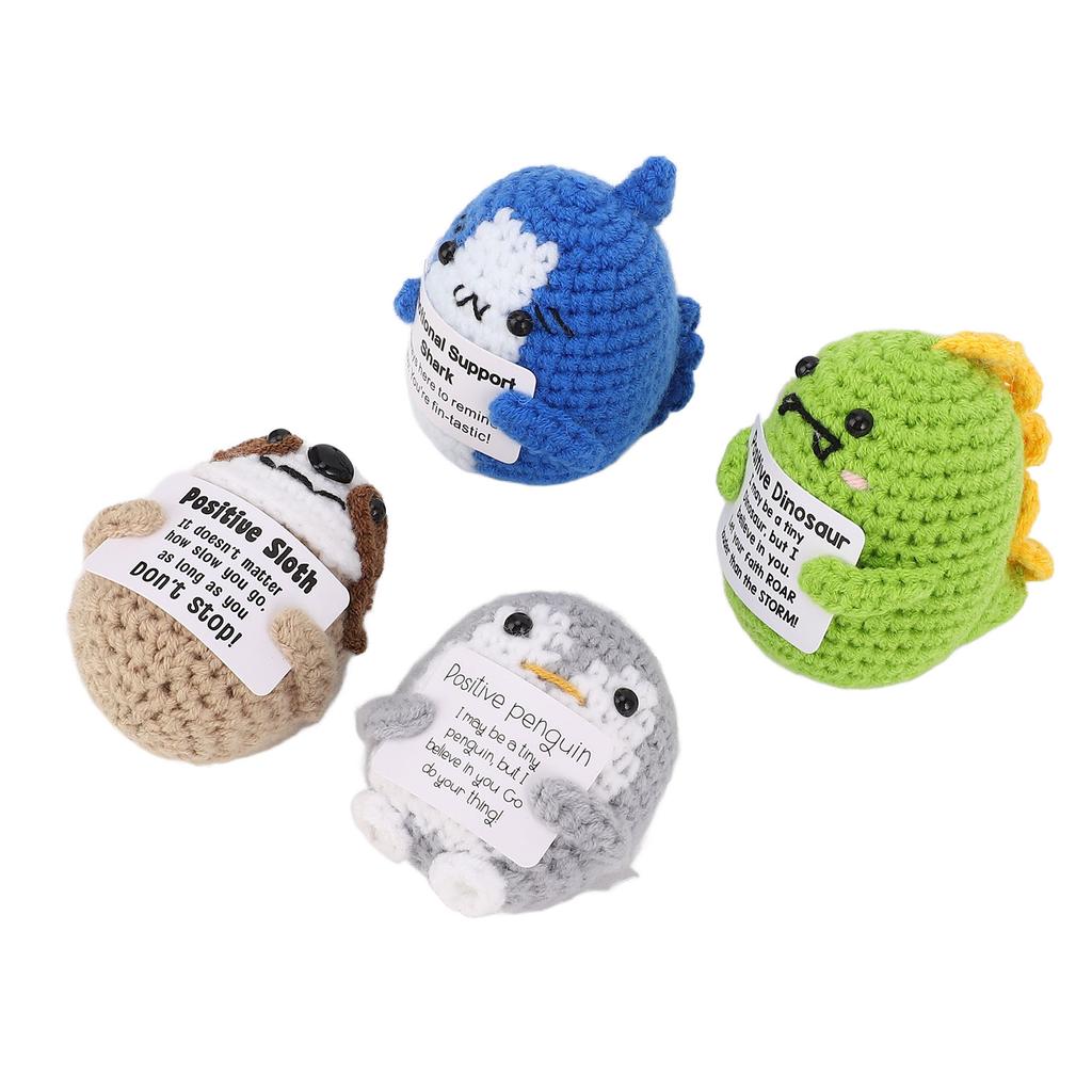 4 Pcs Crochet Animal Grey Penguin Blue Shark Dinosaur Sloth Emotional Support Positive Knitted