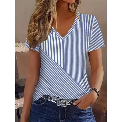 A One-Piece Women'S V-Neck Short-Sleeve T-Shirt Featuring a Full Print with Blue And White Striped Patchwork