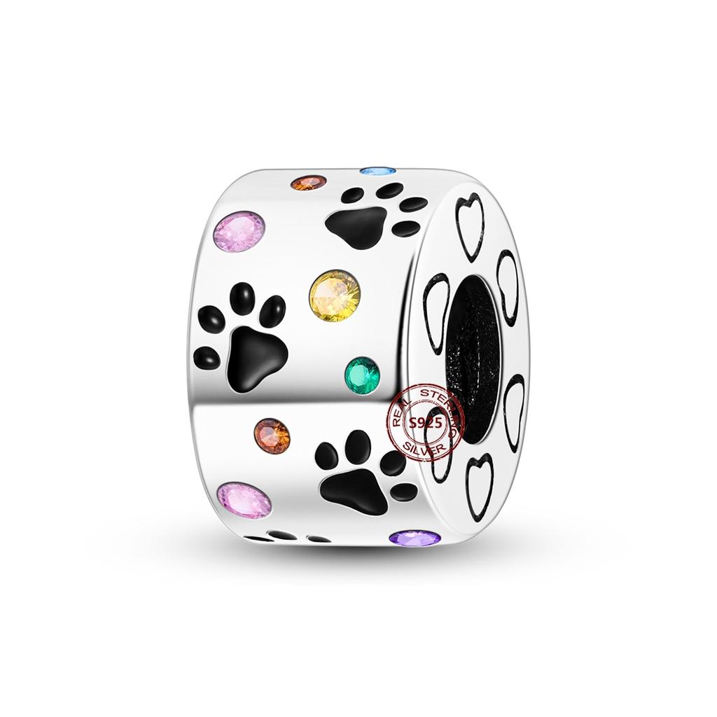 Copper Original Dog Cat Safety Chain Lazy Cat Pink Zircon Pet Paw Print Footprint Charms Fit Bracelet For Women Diy Jewelry