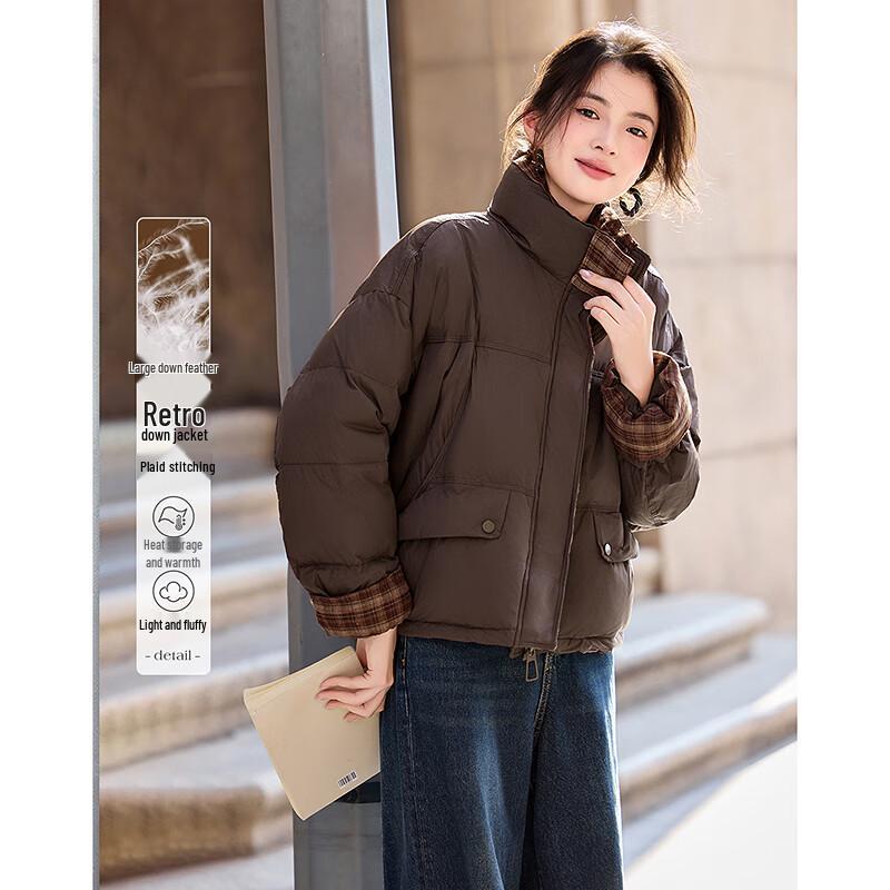 

Женский пуховик в стиле ретро с клетчатой лоскутной отделкой M