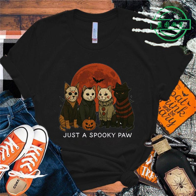 Women Cat Horror Graphic Print T-shirt for Women Girl Short Sleeve Crew Neck Casual Top Just A Spooky Paw Women's Tee Clothing