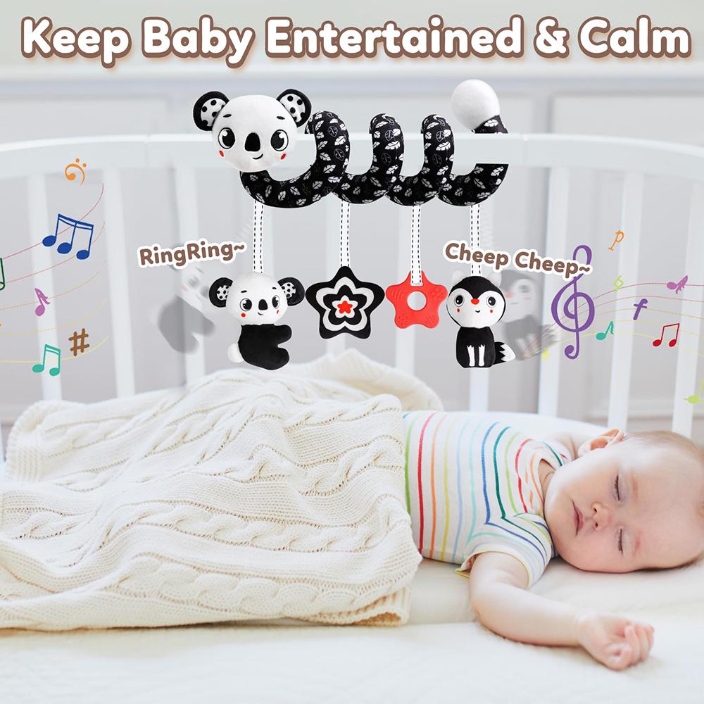 Baby Carseat Toy Black & White Lion Koala Rattle Spiral Hanging Activity Stroller Toy for Newborns Crib Mobile Sensory Toy Gifts