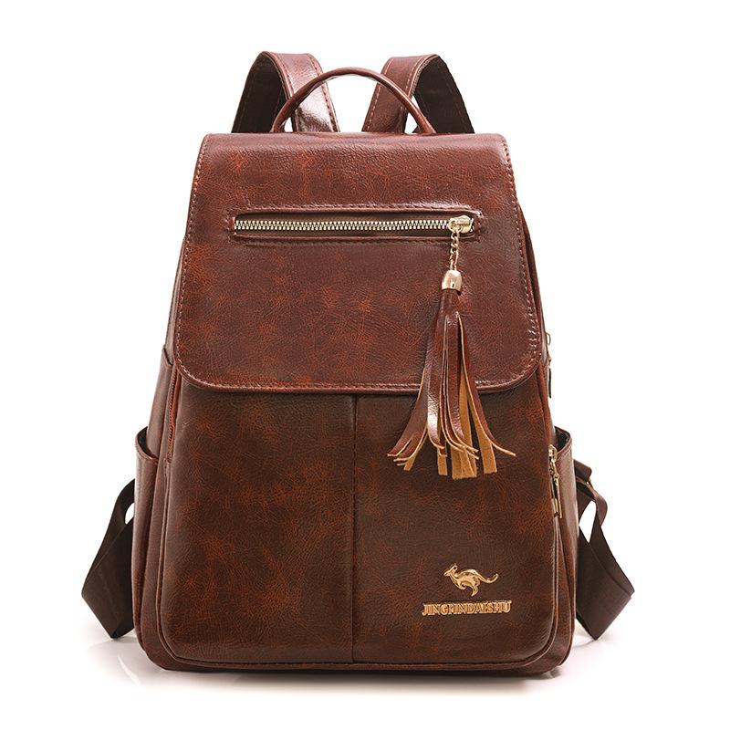 Women's Tassel Backpack Large Capacity Soft Leather Travel Backpack Student School Bag