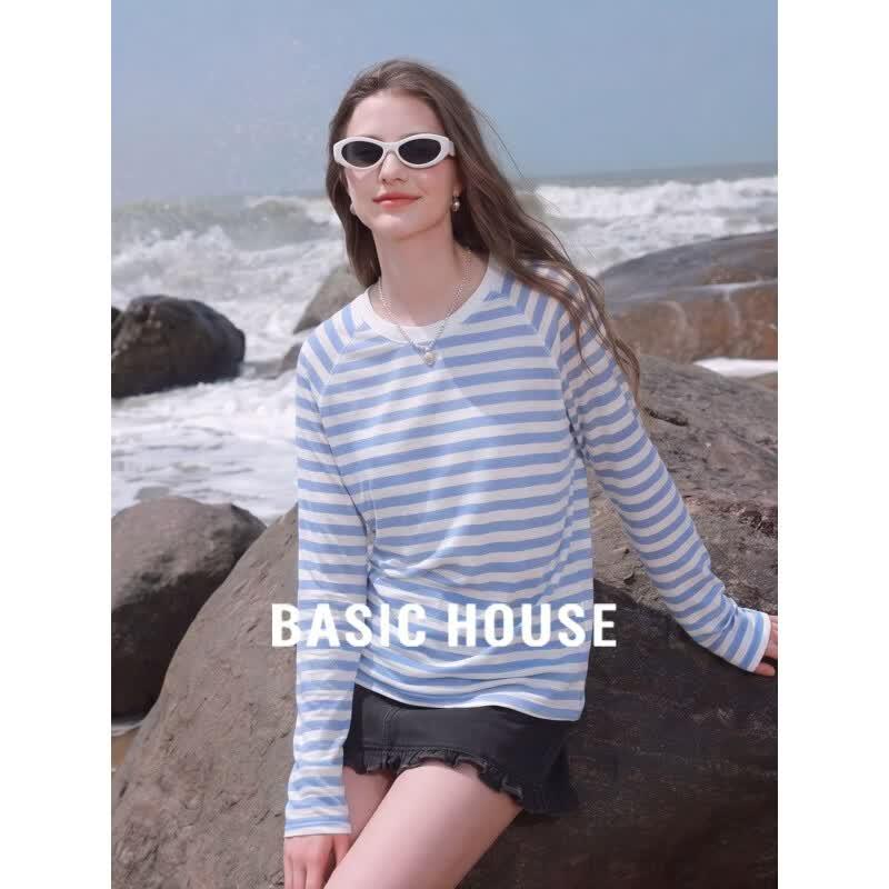 Basic House Women s Color Block Stripe Long Sleeve T-Shirt M синий